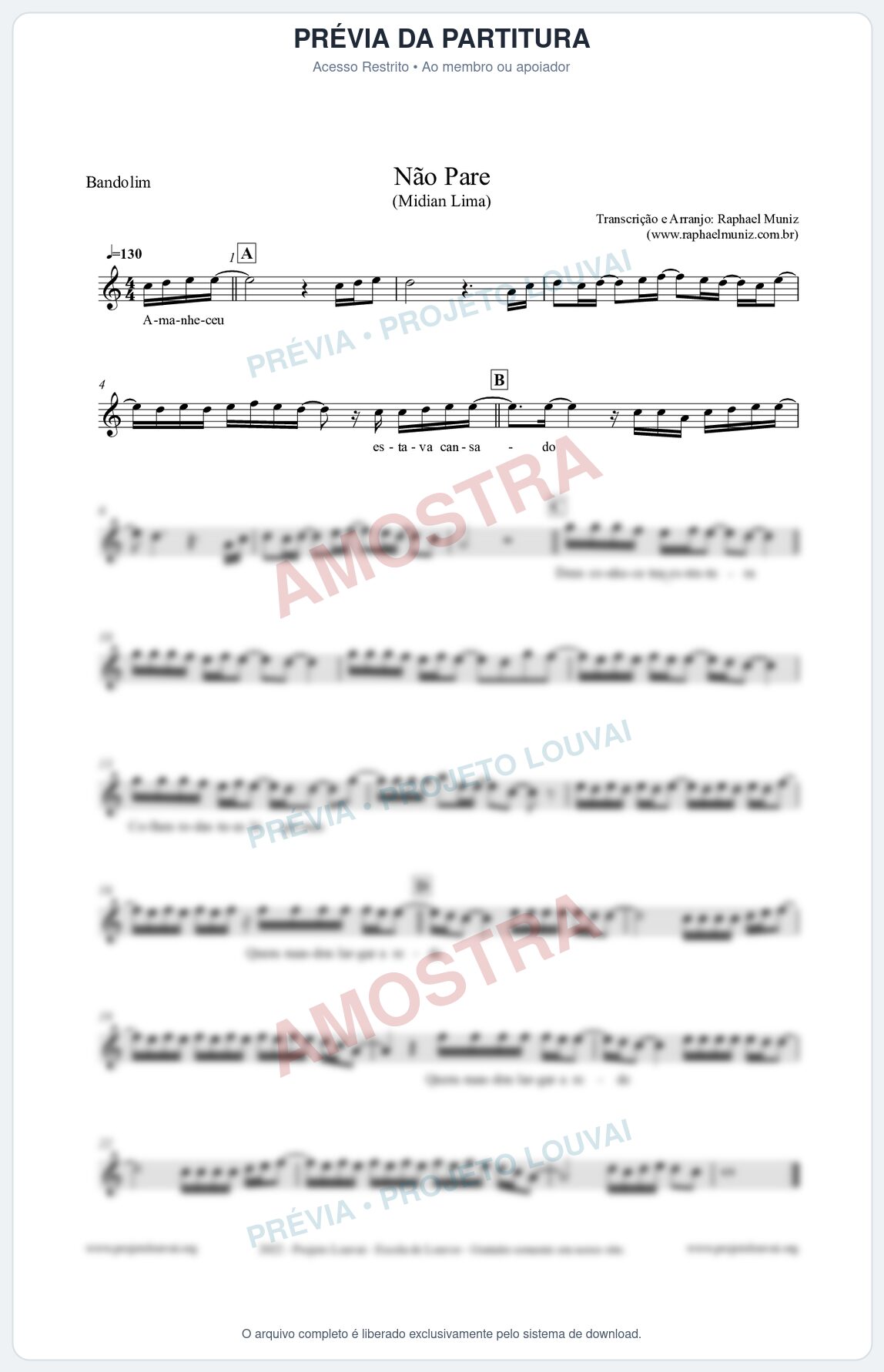 Prévia protegida da primeira página da partitura Partitura para Bandolim - Não Pare - Midian Lima