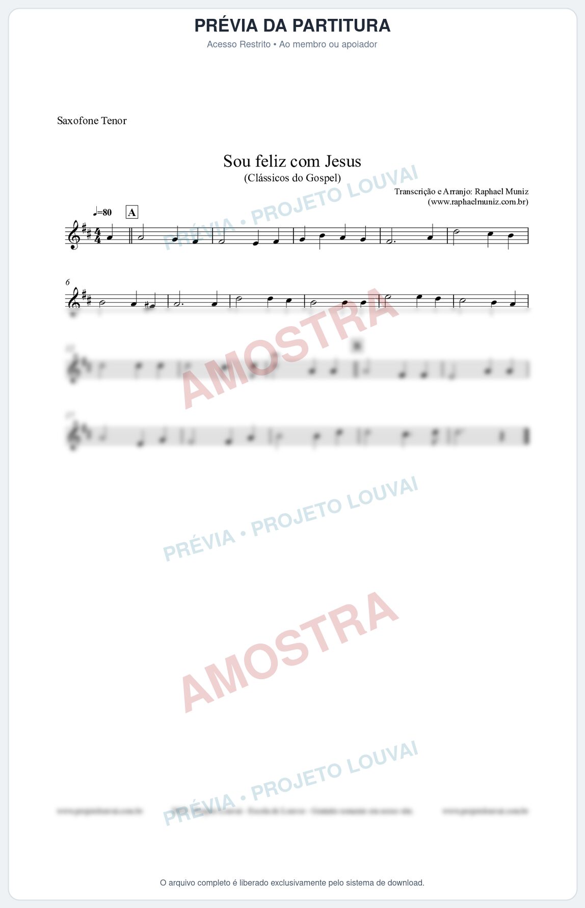 Prévia protegida da primeira página da partitura Partitura para Saxofone Tenor - Sou feliz com Jesus - Clássicos do Gospel