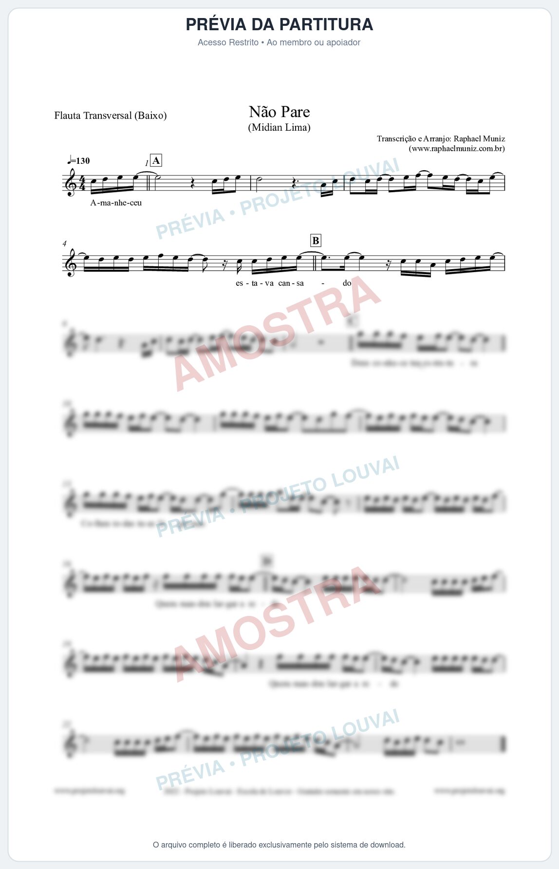 Prévia protegida da primeira página da partitura Partitura para Flauta Transversal (Baixo) - Não Pare - Midian Lima