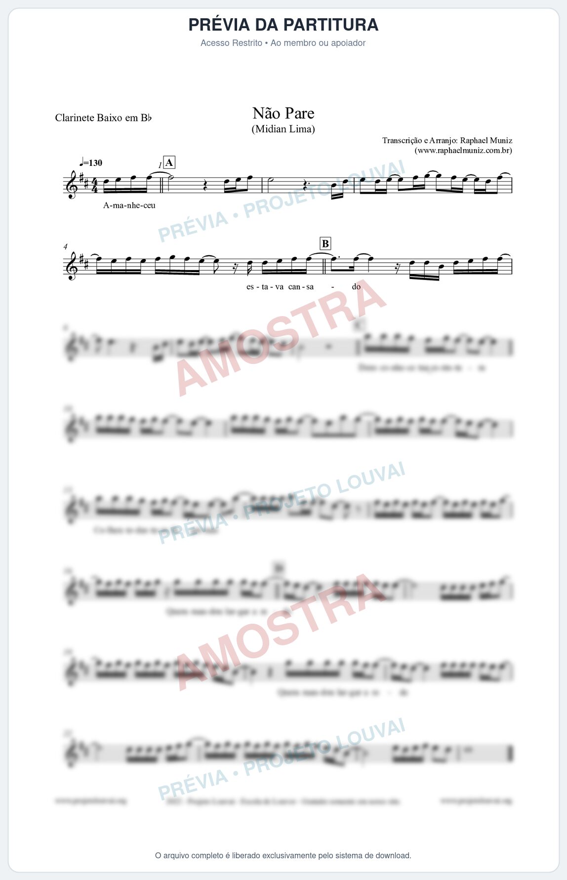 Prévia protegida da primeira página da partitura Partitura para Clarinete Baixo em Bb - Não Pare - Midian Lima