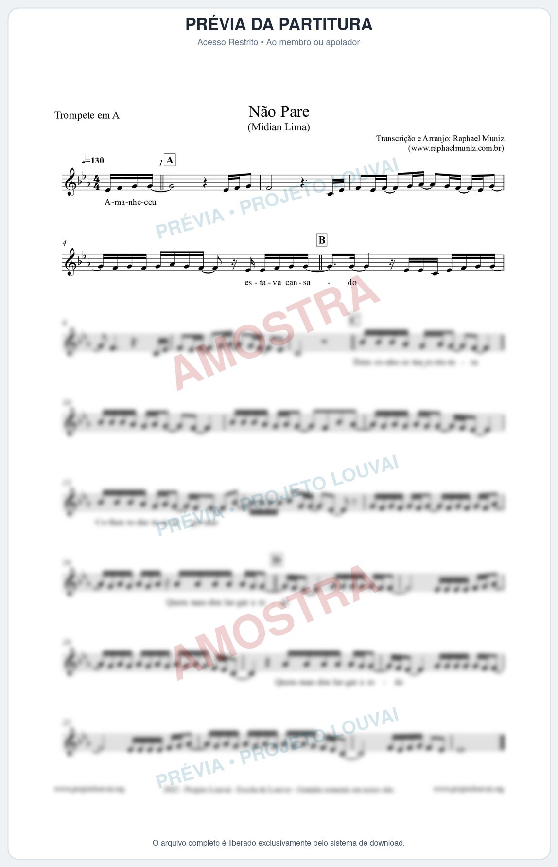 Prévia protegida da primeira página da partitura Partitura para Trompete em A - Não Pare - Midian Lima