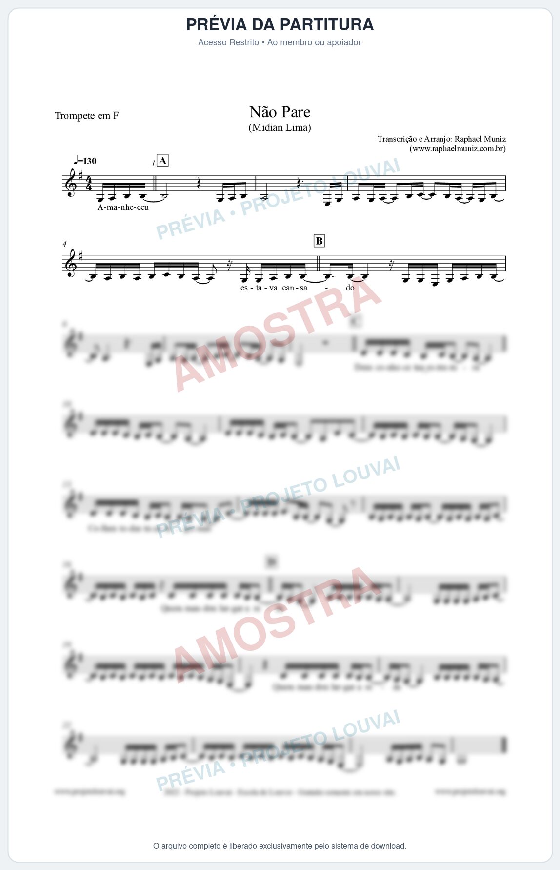 Prévia protegida da primeira página da partitura Partitura para Trompete em F - Não Pare - Midian Lima