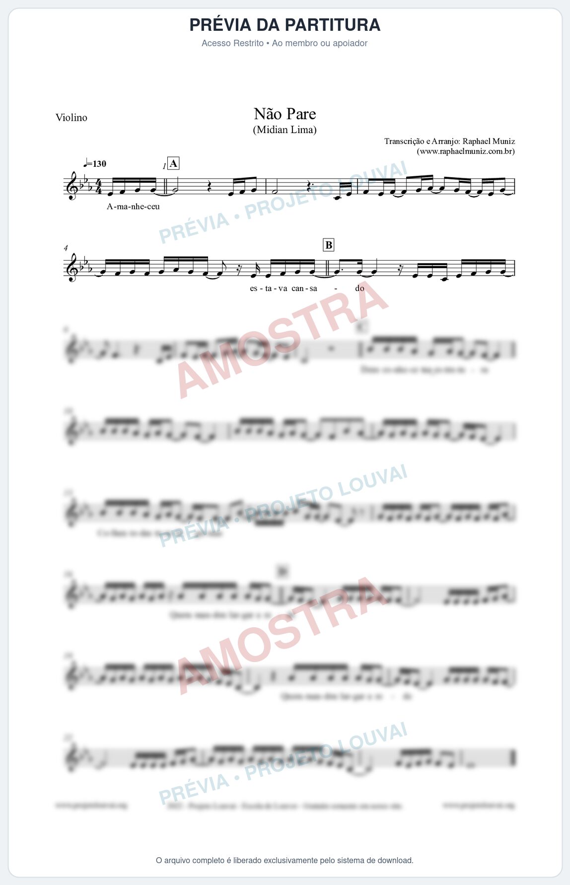 Prévia protegida da primeira página da partitura Partitura para Violino - Não Pare - Midian Lima