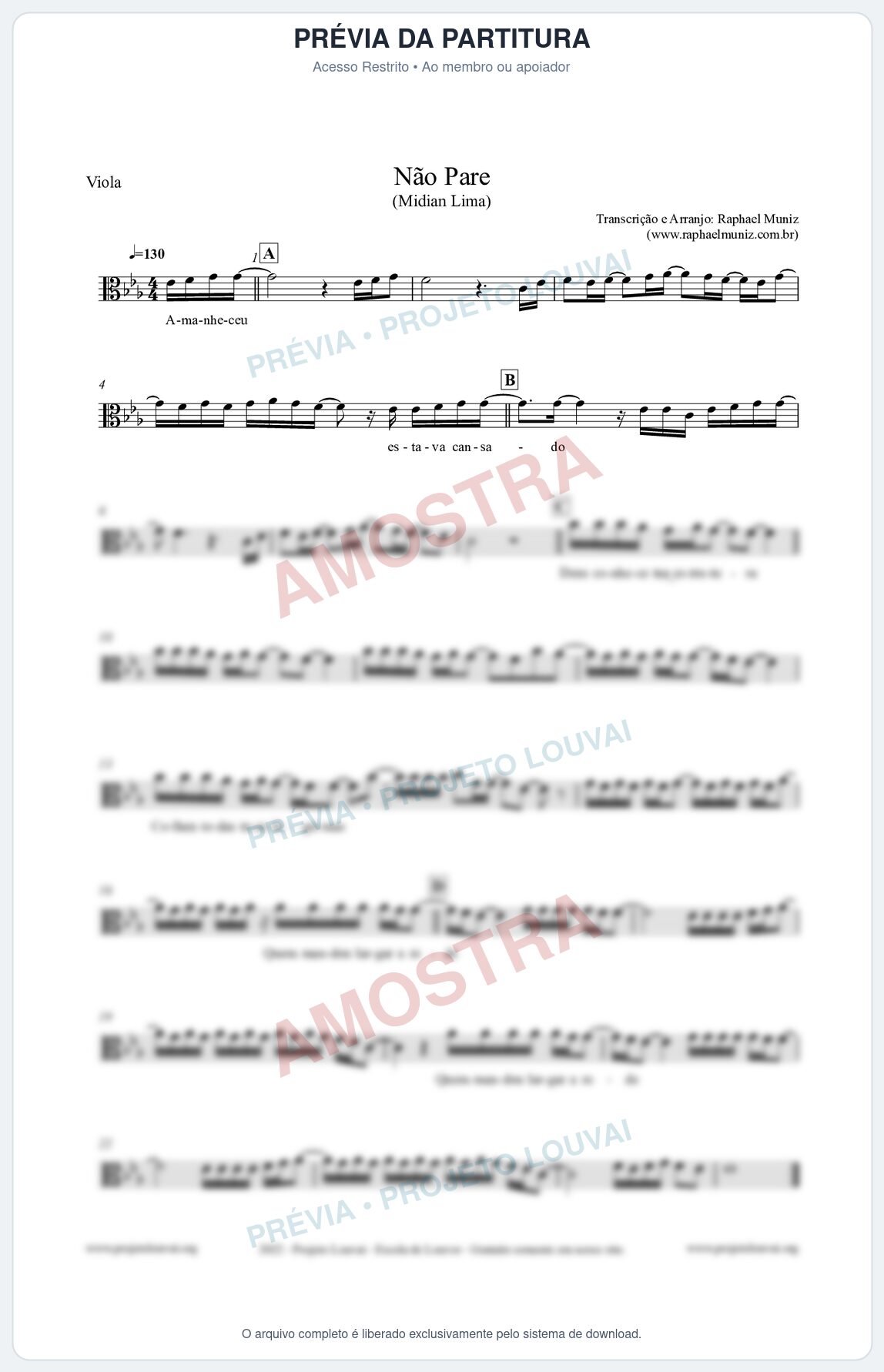 Prévia protegida da primeira página da partitura Partitura para Viola - Não Pare - Midian Lima