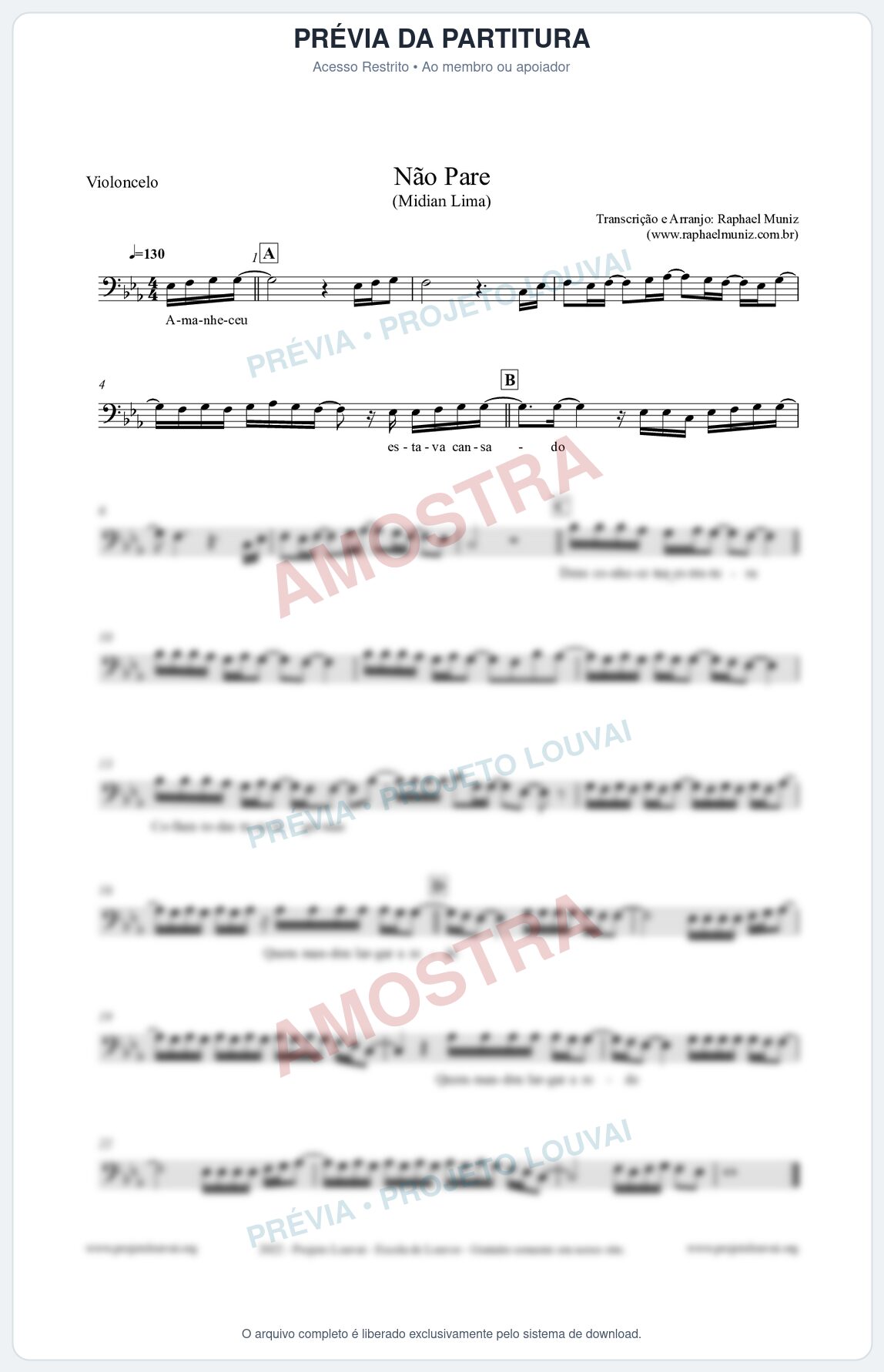 Prévia protegida da primeira página da partitura Partitura para Violoncelo - Não Pare - Midian Lima
