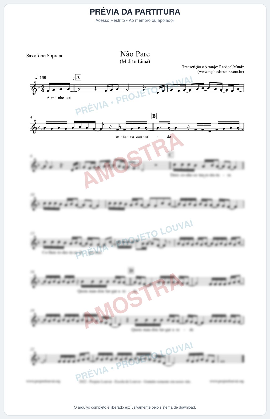 Prévia protegida da primeira página da partitura Partitura para Saxofone Soprano - Não Pare - Midian Lima