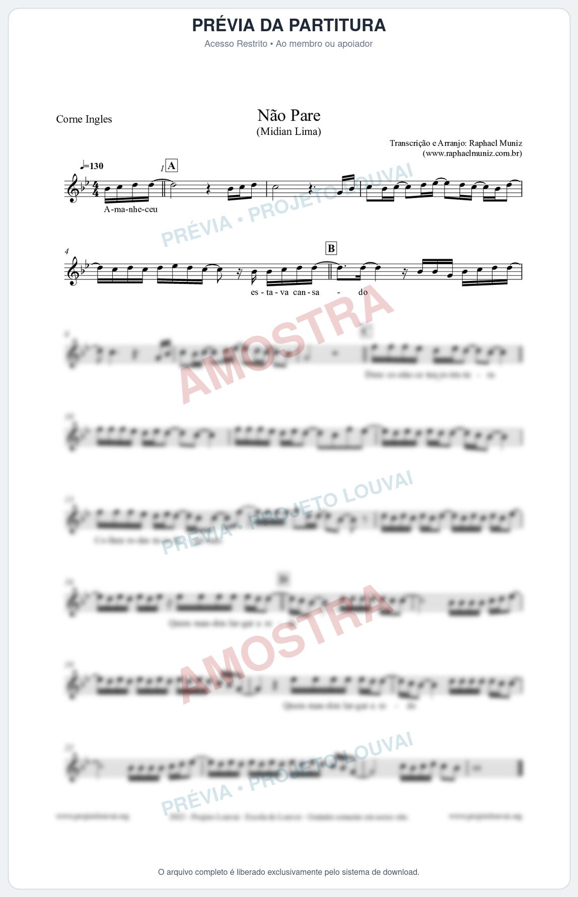 Prévia protegida da primeira página da partitura Partitura para Corne Inglês - Não Pare - Midian Lima