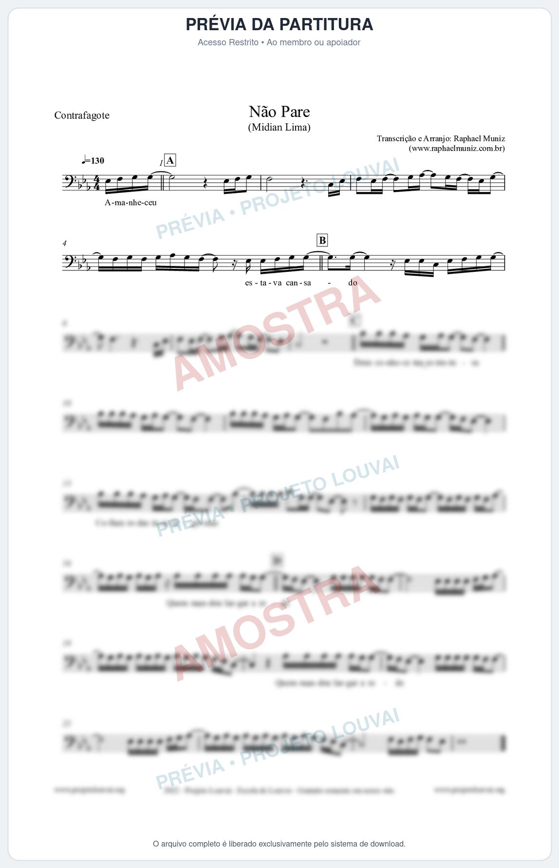 Prévia protegida da primeira página da partitura Partitura para Contrafagote - Não Pare - Midian Lima