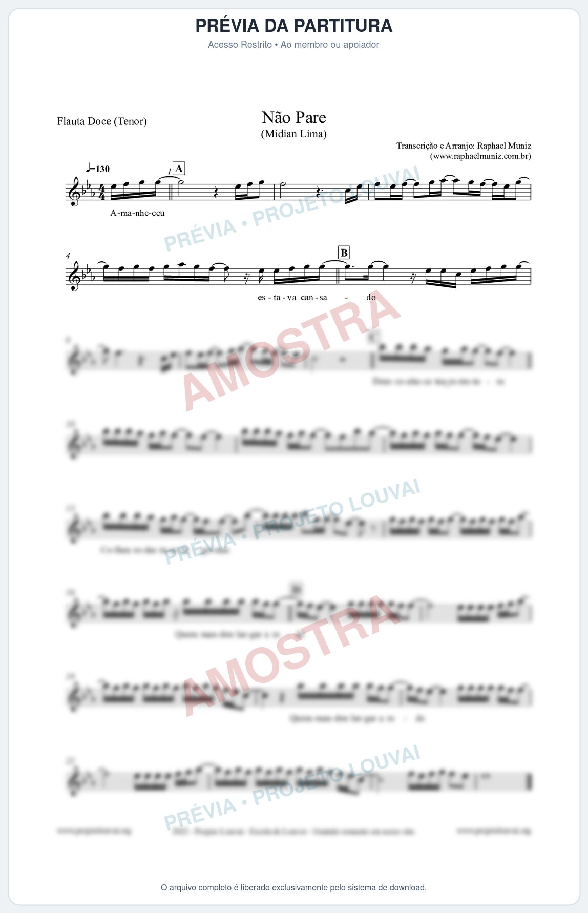 Prévia protegida da primeira página da partitura Partitura para Flauta Doce (Tenor) - Não Pare - Midian Lima