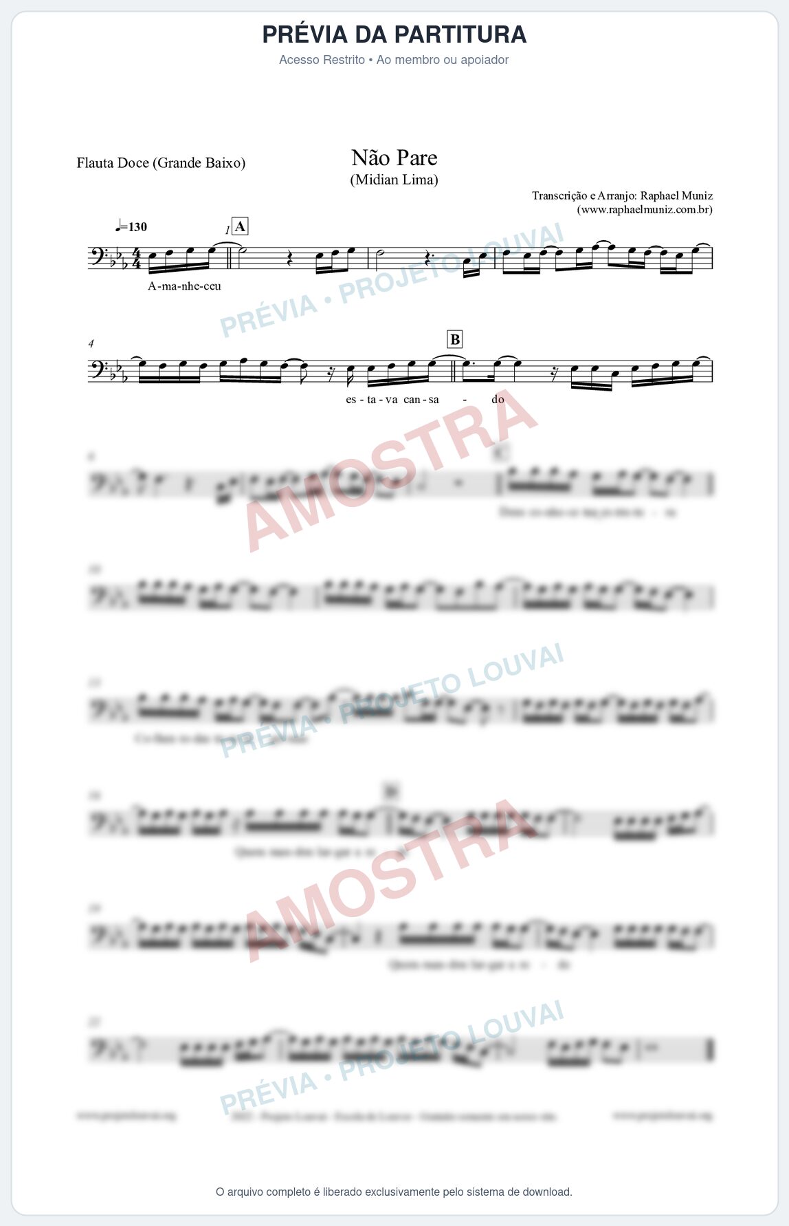 Prévia protegida da primeira página da partitura Partitura para Flauta Doce (Grande Baixo) - Não Pare - Midian Lima