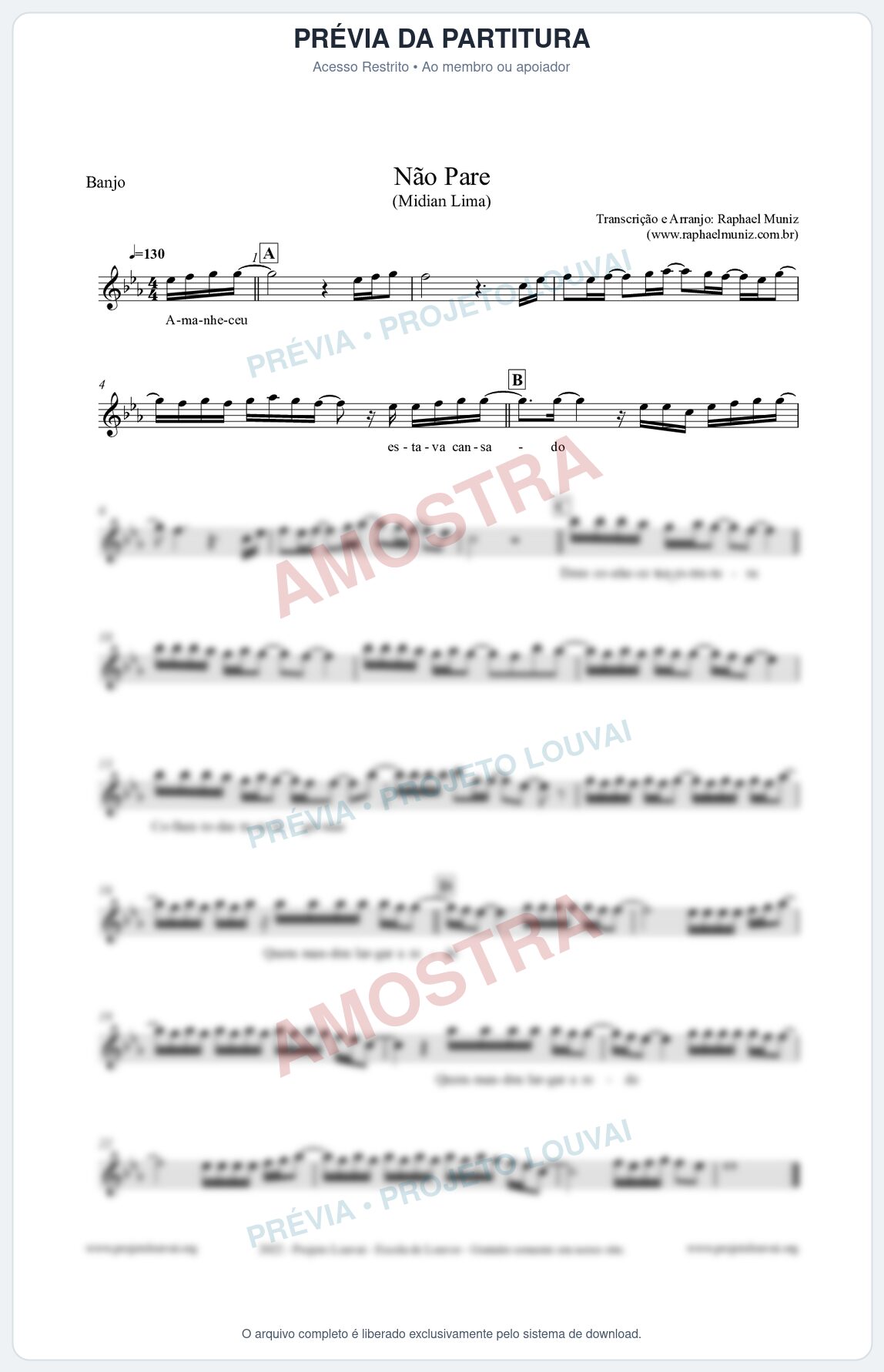 Prévia protegida da primeira página da partitura Partitura para Banjo - Não Pare - Midian Lima