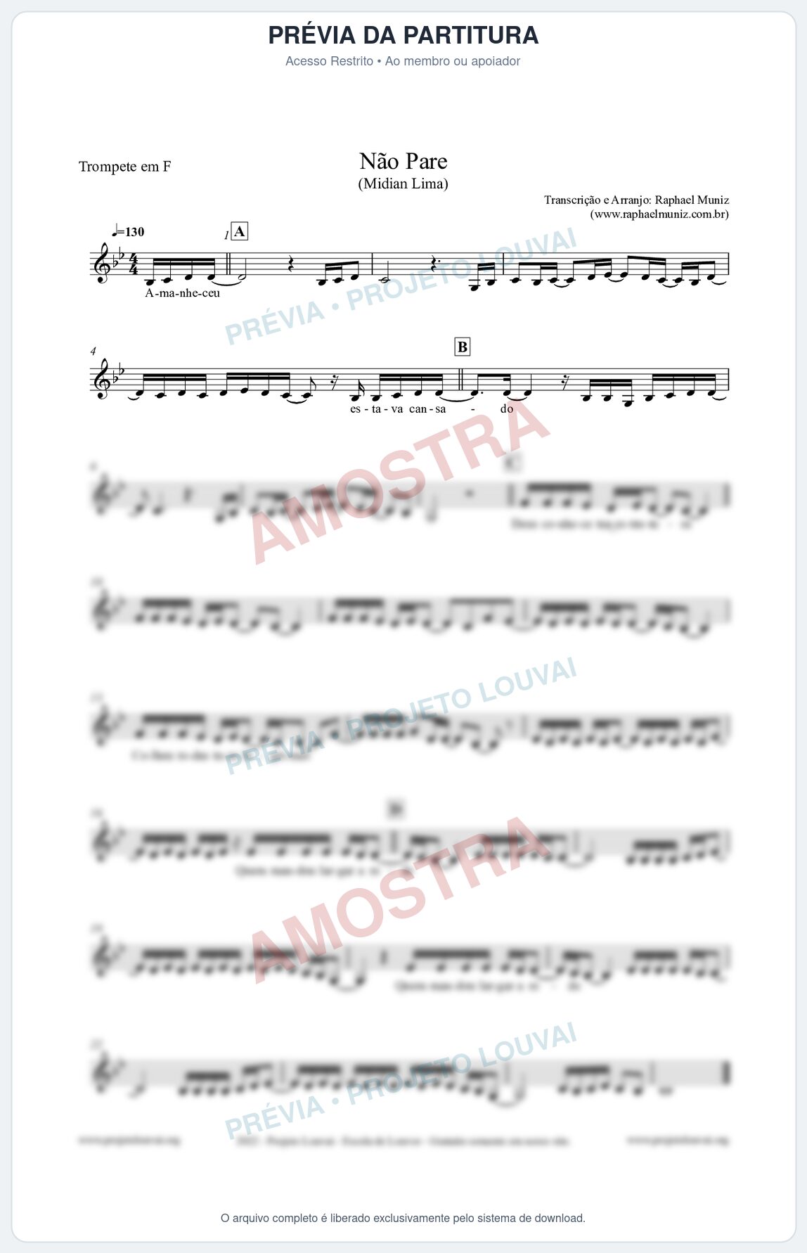 Prévia protegida da primeira página da partitura Partitura para Trompete em F - Não Pare - Midian Lima
