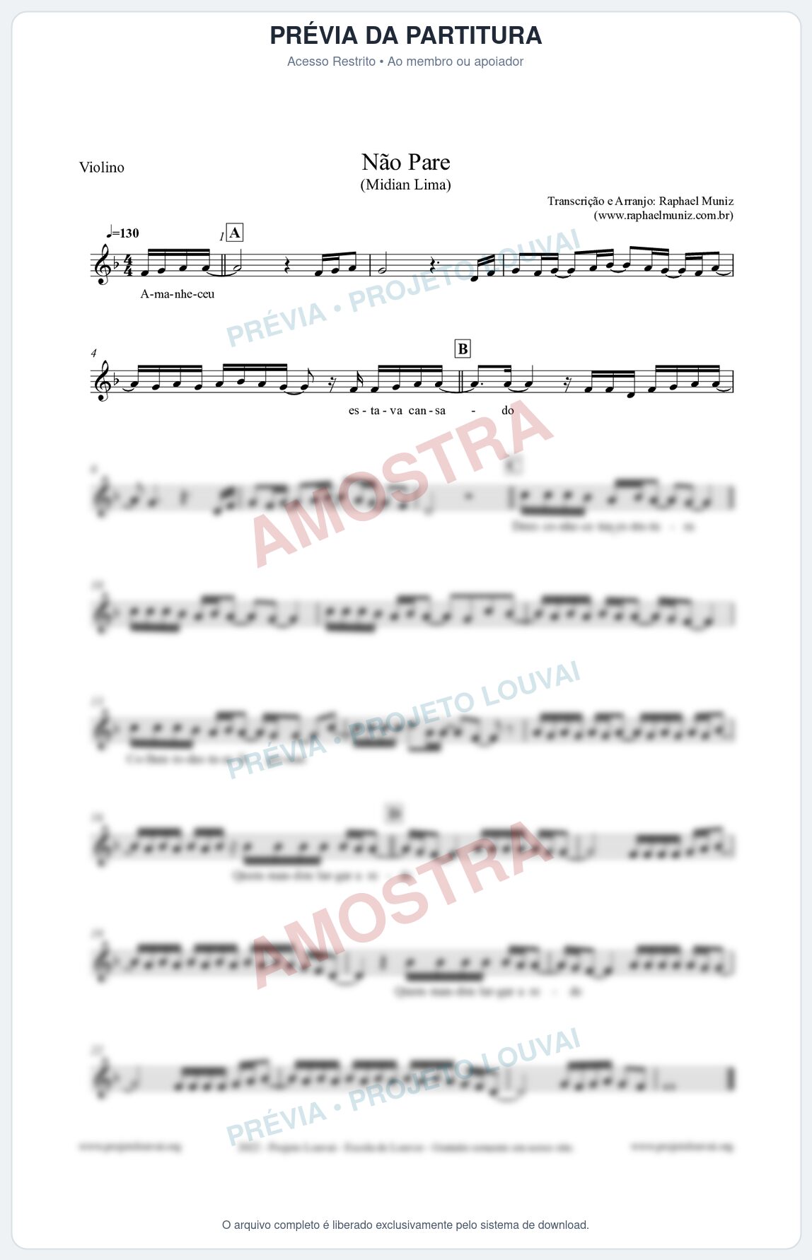 Prévia protegida da primeira página da partitura Partitura para Violino - Não Pare - Midian Lima