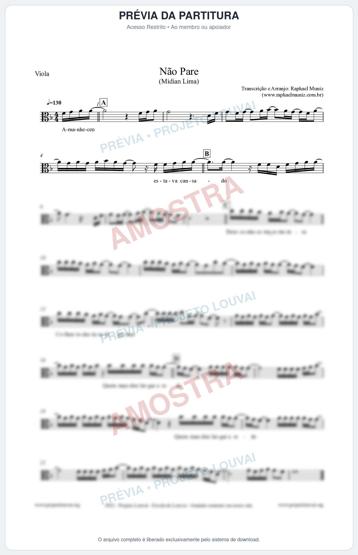 Prévia protegida da primeira página da partitura Partitura para Viola - Não Pare - Midian Lima