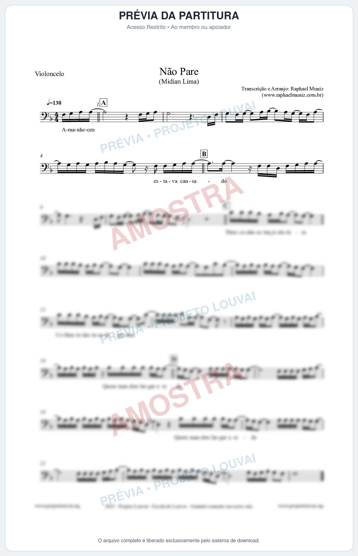 Prévia protegida da primeira página da partitura Partitura para Violoncelo - Não Pare - Midian Lima
