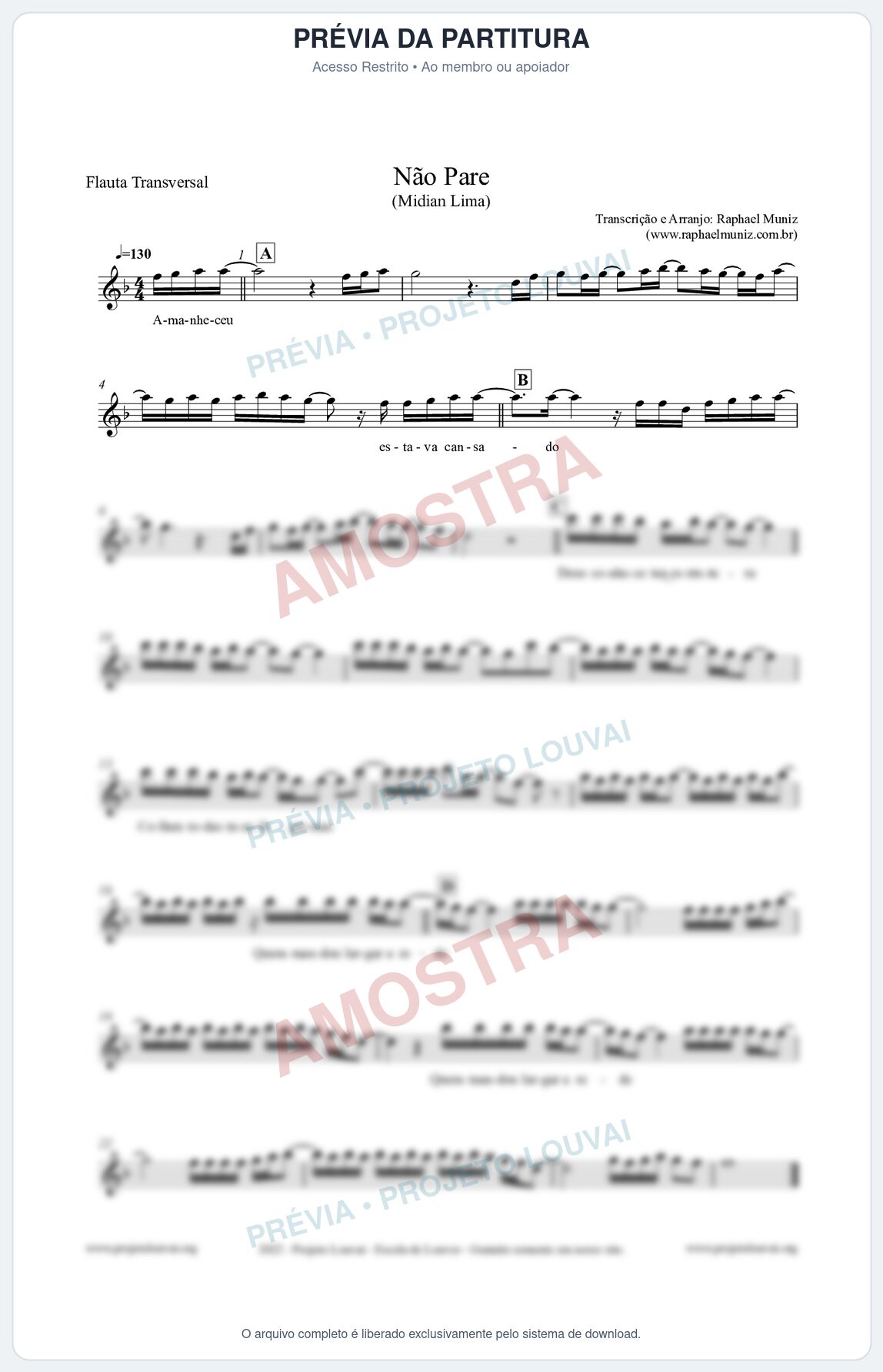 Prévia protegida da primeira página da partitura Partitura para Flauta Transversal - Não Pare - Midian Lima