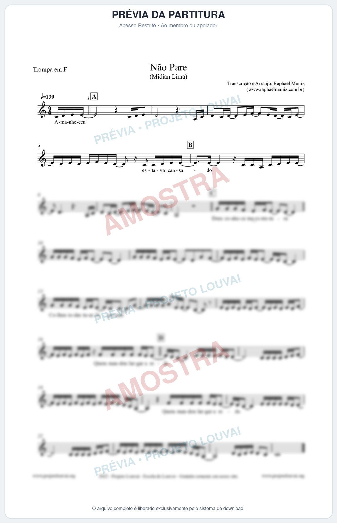 Prévia protegida da primeira página da partitura Partitura para Trompa em F - Não Pare - Midian Lima