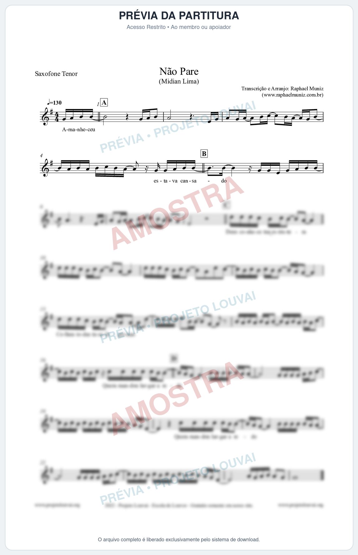 Prévia protegida da primeira página da partitura Partitura para Saxofone Tenor - Não Pare - Midian Lima