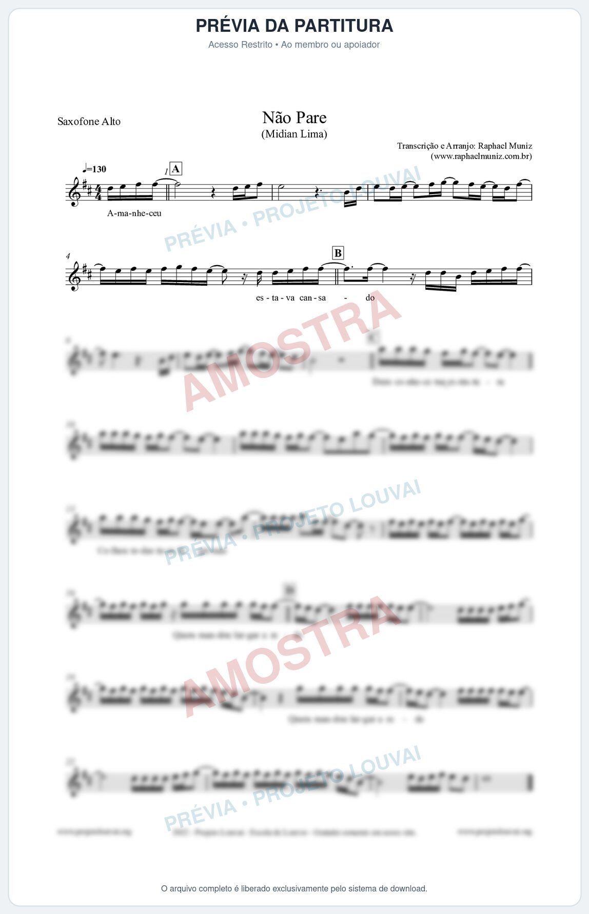 Prévia protegida da primeira página da partitura Partitura para Saxofone Alto - Não Pare - Midian Lima