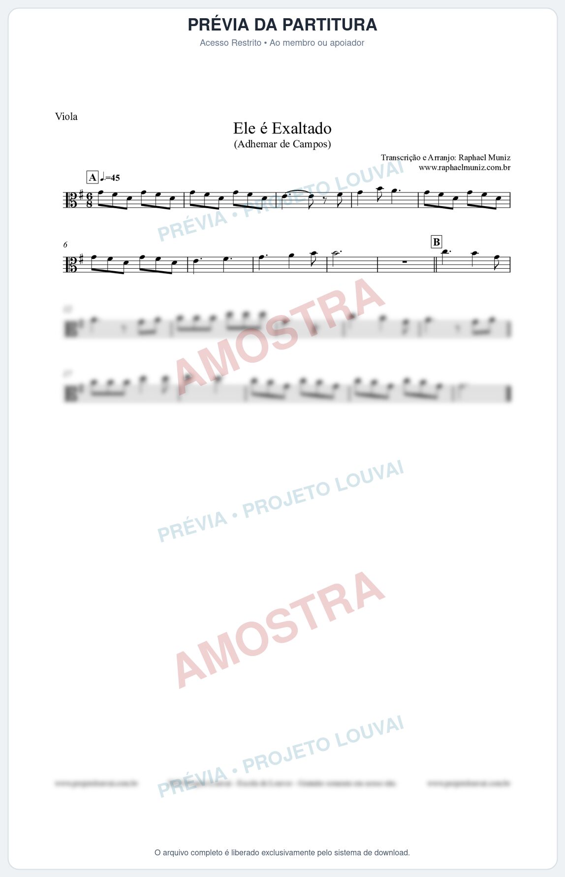Prévia protegida da primeira página da partitura Partitura para Viola - Ele é Exaltado (Adhemar de Campos) - Clássicos do Gospel