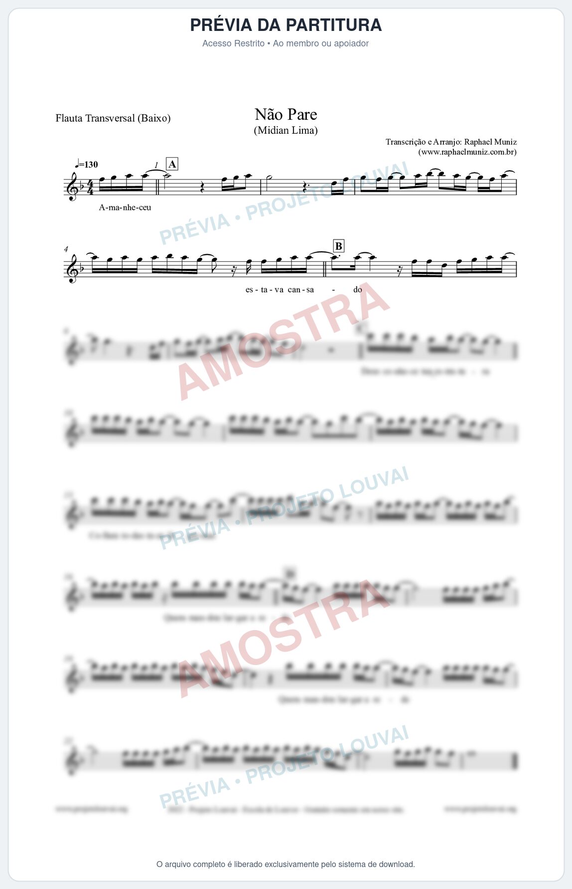 Prévia protegida da primeira página da partitura Partitura para Flauta Transversal (Baixo) - Não Pare - Midian Lima