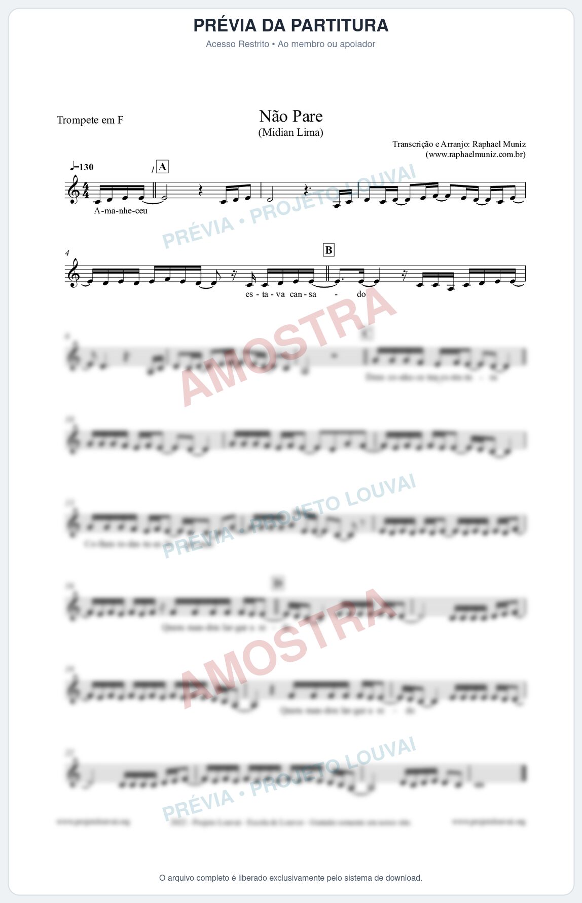 Prévia protegida da primeira página da partitura Partitura para Trompete em F - Não Pare - Midian Lima