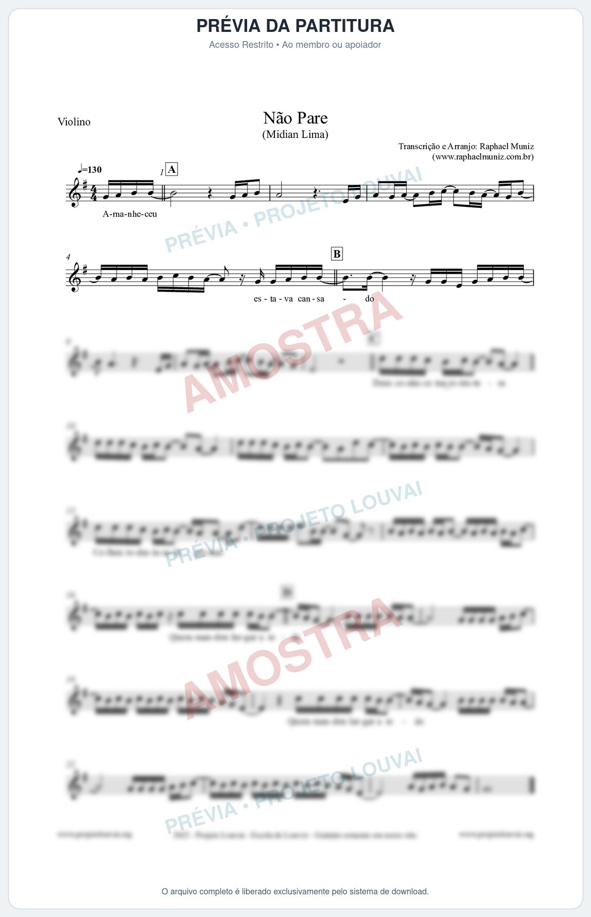 Prévia protegida da primeira página da partitura Partitura para Violino - Não Pare - Midian Lima