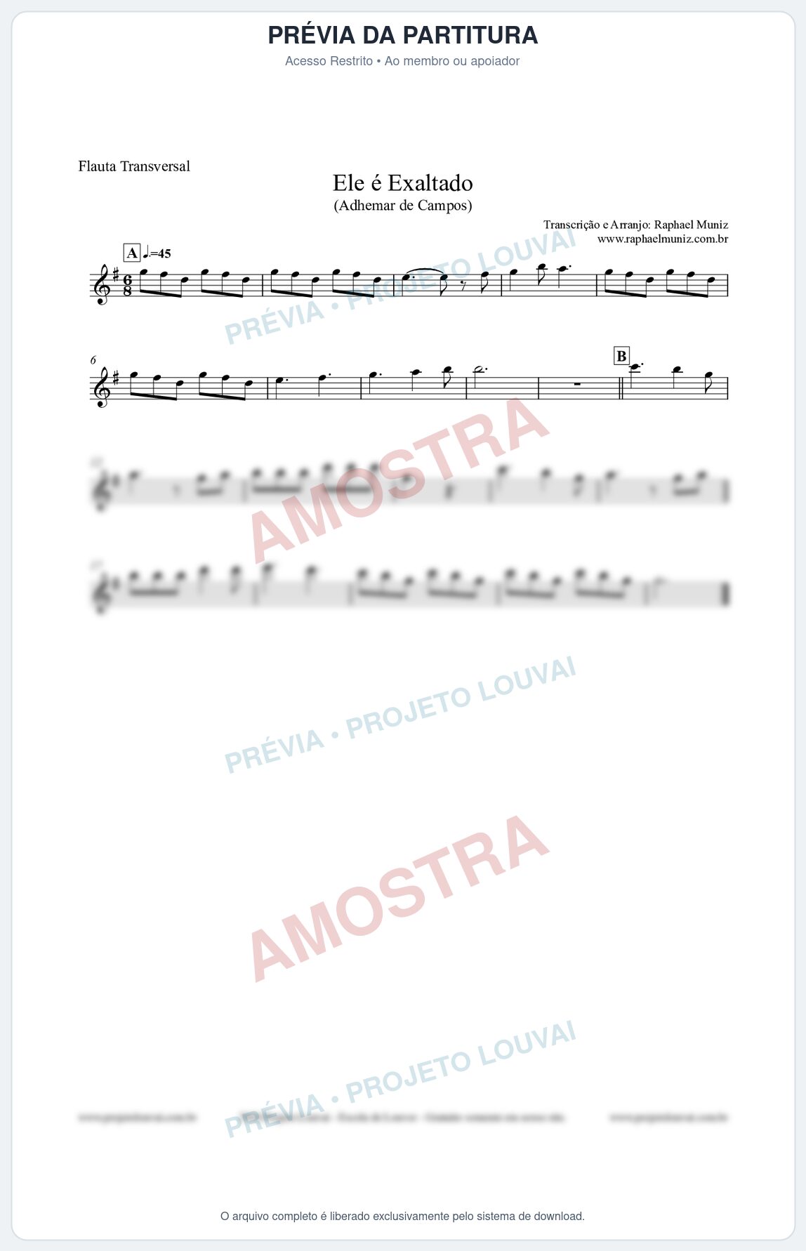 Prévia protegida da primeira página da partitura Partitura para Flauta Transversal - Ele é Exaltado (Adhemar de Campos) - Clássicos do Gospel