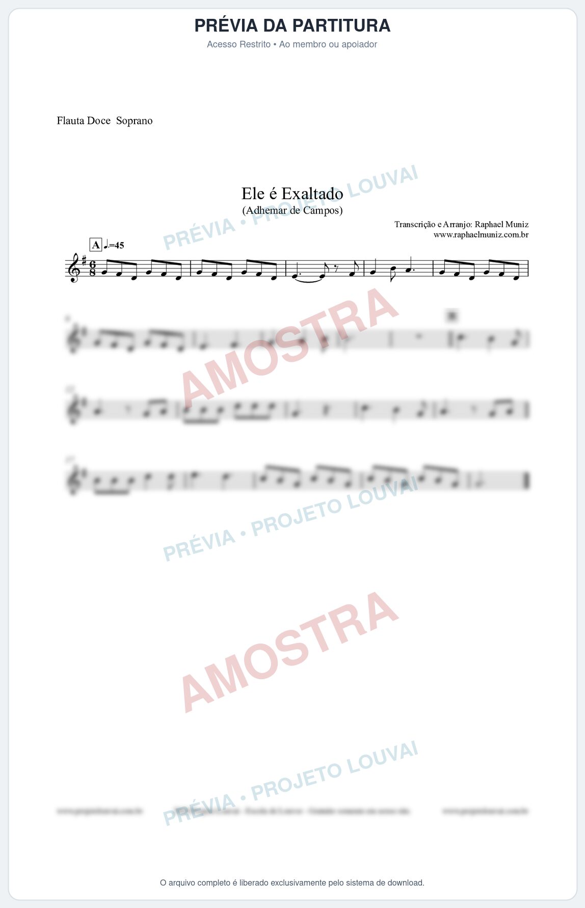 Prévia protegida da primeira página da partitura Partitura para Flauta Doce (Soprano) - Ele é Exaltado (Adhemar de Campos) - Clássicos do Gospel