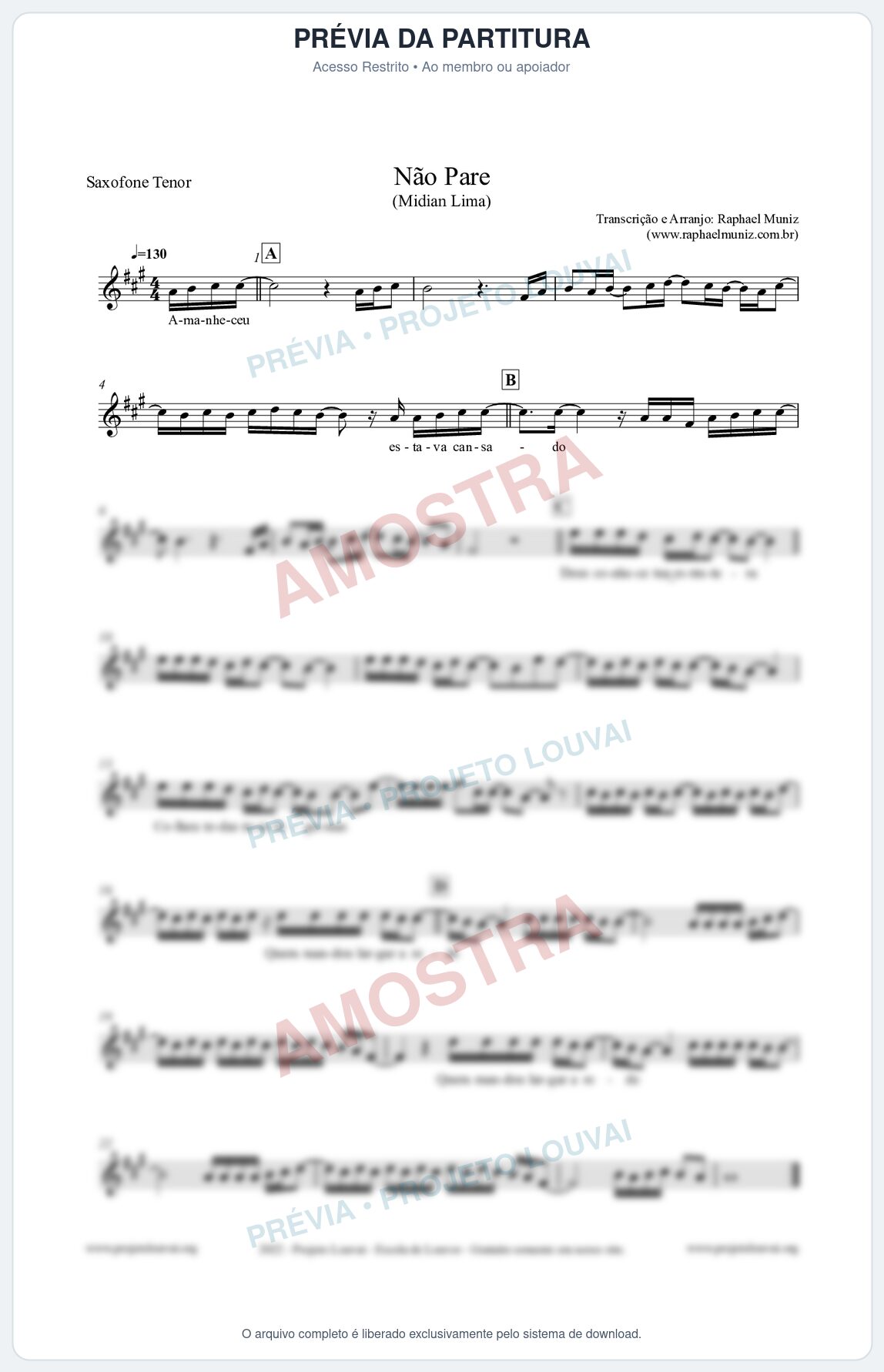 Prévia protegida da primeira página da partitura Partitura para Saxofone Tenor - Não Pare - Midian Lima