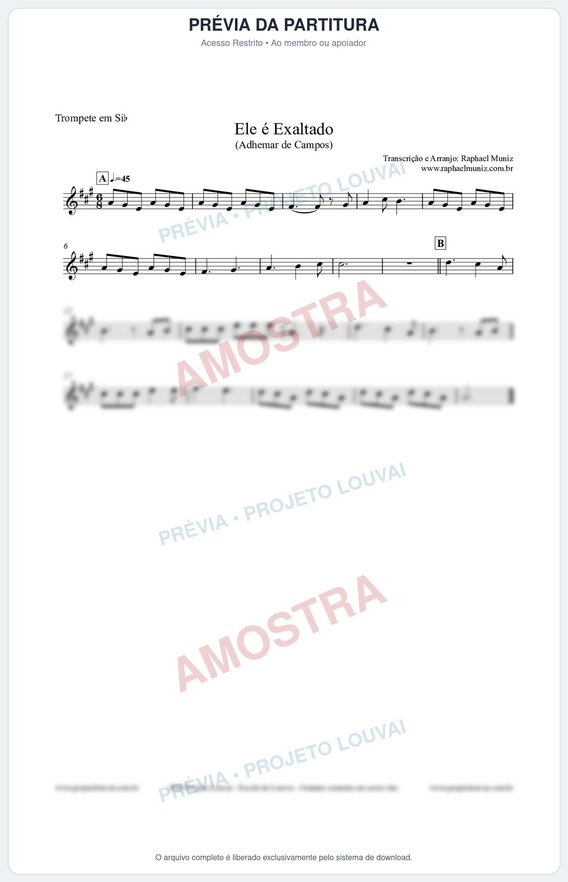 Prévia protegida da primeira página da partitura Partitura para Trompete em Bb - Ele é Exaltado (Adhemar de Campos) - Clássicos do Gospel