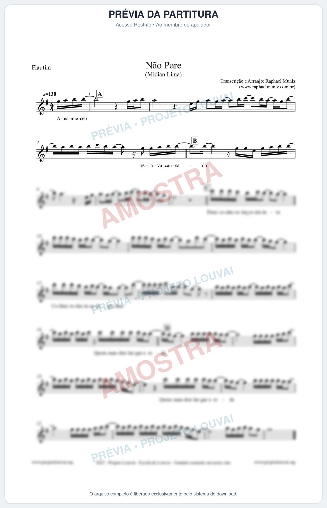 Prévia protegida da primeira página da partitura Partitura para Flautim - Não Pare - Midian Lima