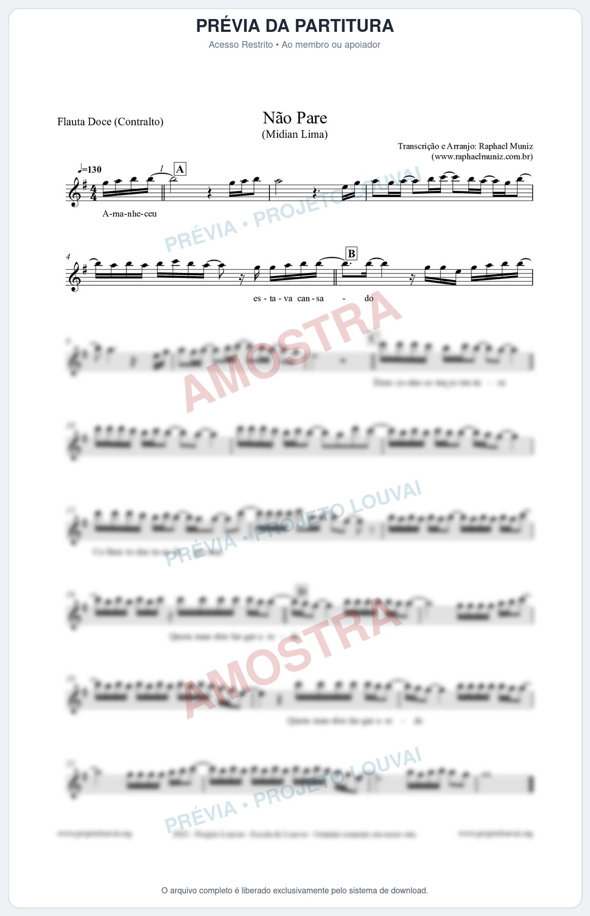 Prévia protegida da primeira página da partitura Partitura para Flauta Doce (Contralto) - Não Pare - Midian Lima