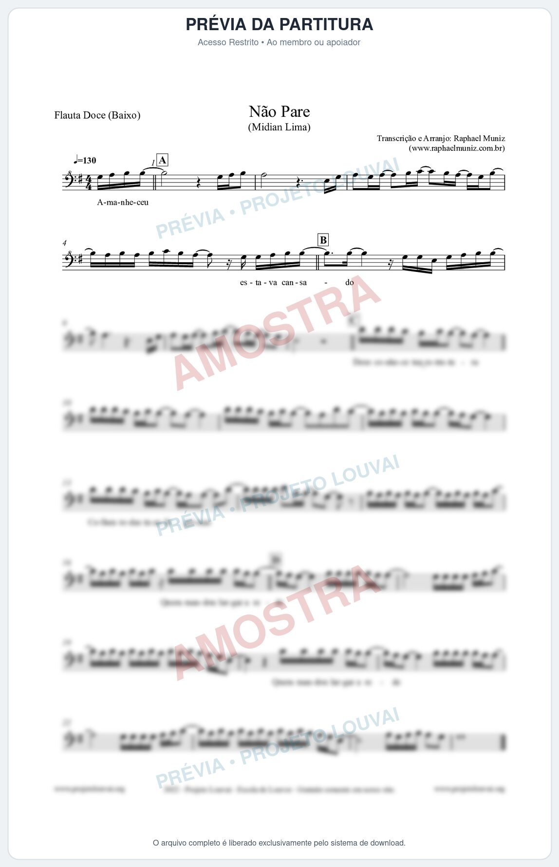 Prévia protegida da primeira página da partitura Partitura para Flauta Doce (Baixo) - Não Pare - Midian Lima