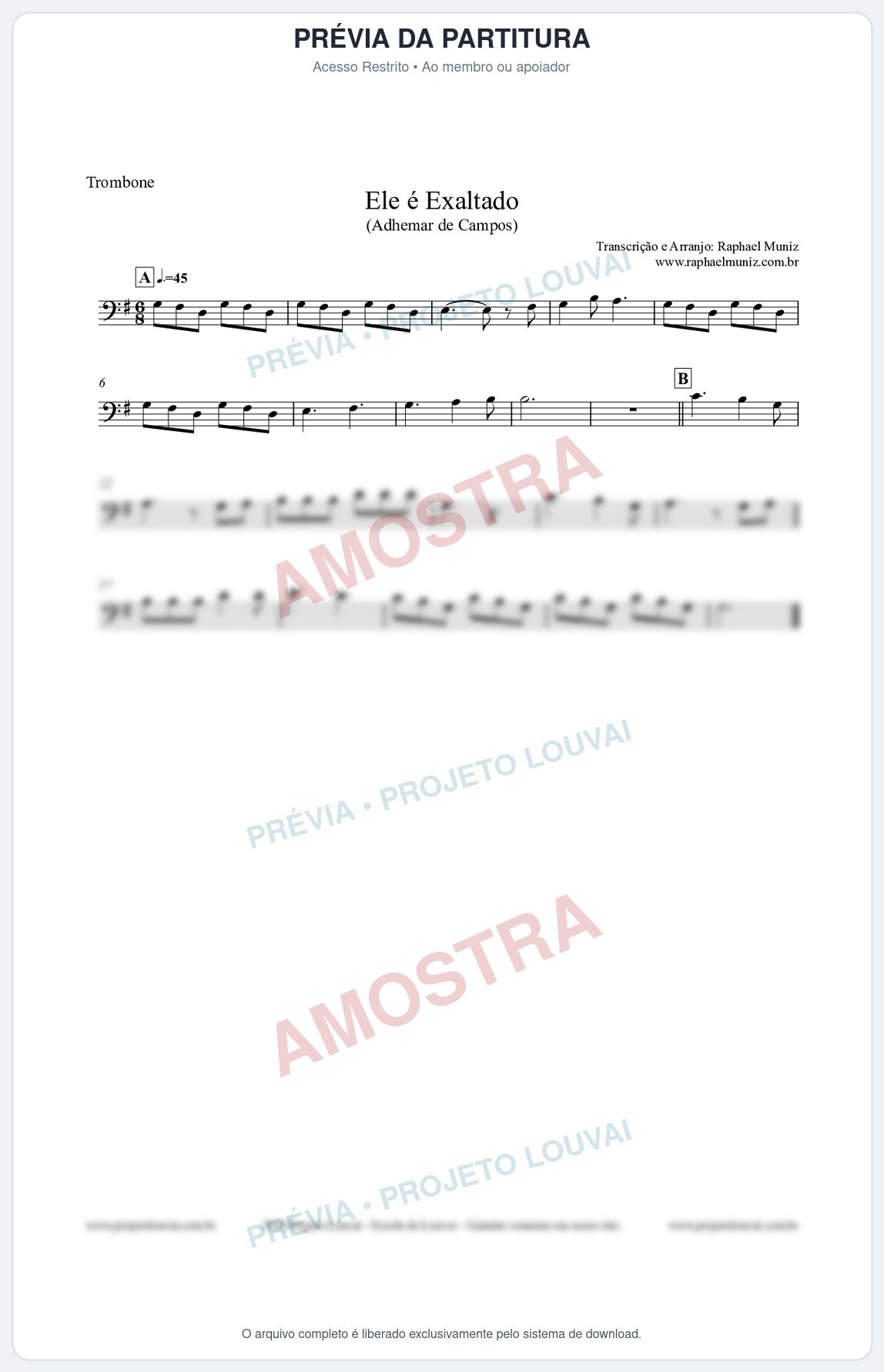 Prévia protegida da primeira página da partitura Partitura para Trombone - Ele é Exaltado (Adhemar de Campos) - Clássicos do Gospel
