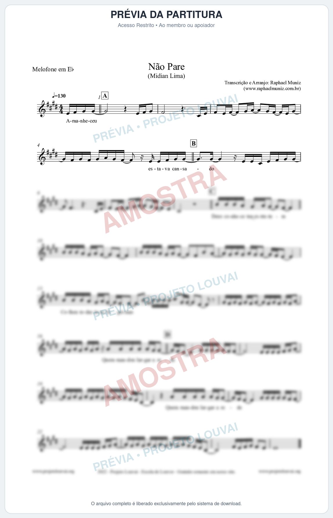 Prévia protegida da primeira página da partitura Partitura para Melofone em Eb - Não Pare - Midian Lima