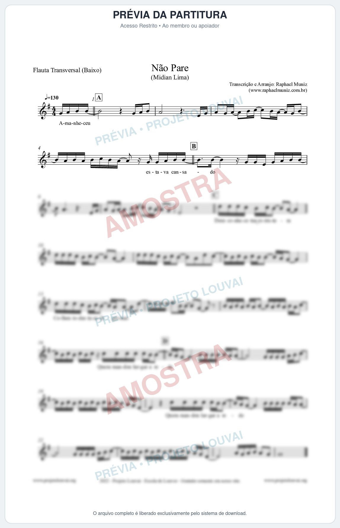 Prévia protegida da primeira página da partitura Partitura para Flauta Transversal (Baixo) - Não Pare - Midian Lima