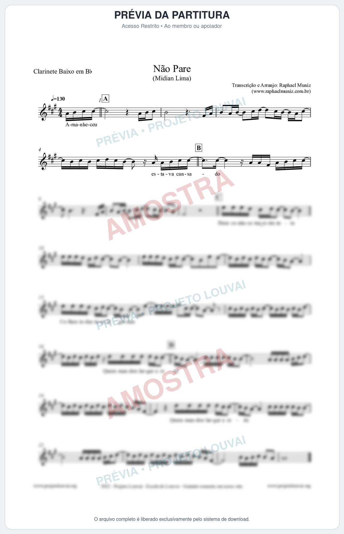 Prévia protegida da primeira página da partitura Partitura para Clarinete Baixo em Bb - Não Pare - Midian Lima