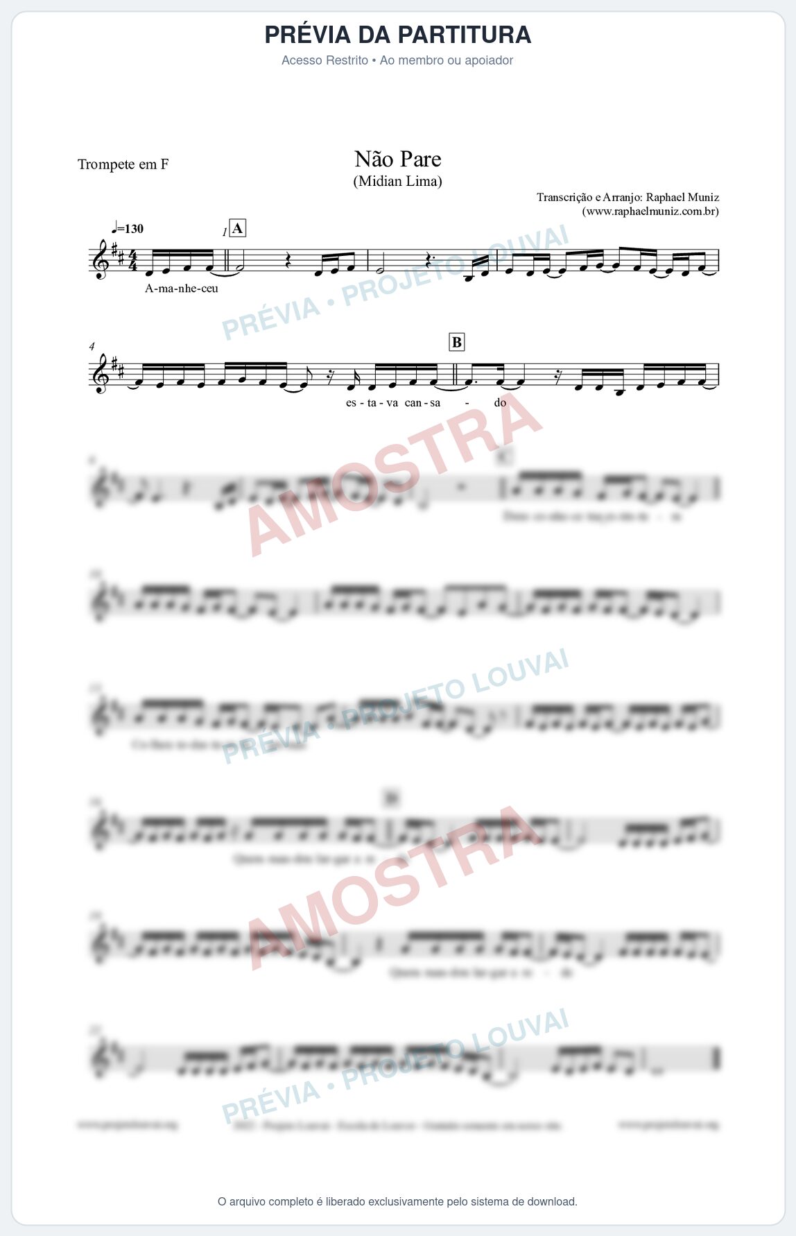 Prévia protegida da primeira página da partitura Partitura para Trompete em F - Não Pare - Midian Lima