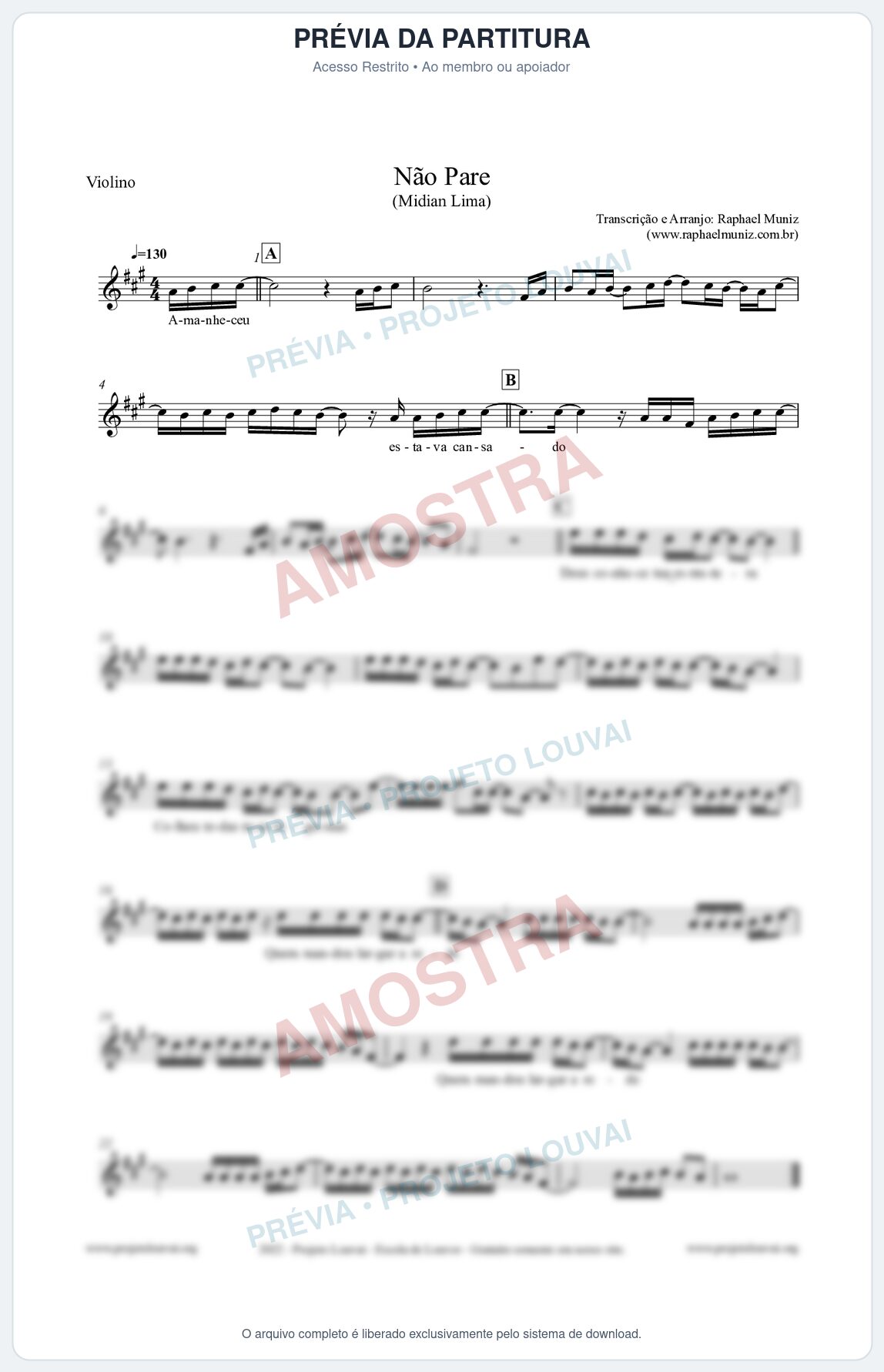 Prévia protegida da primeira página da partitura Partitura para Violino - Não Pare - Midian Lima