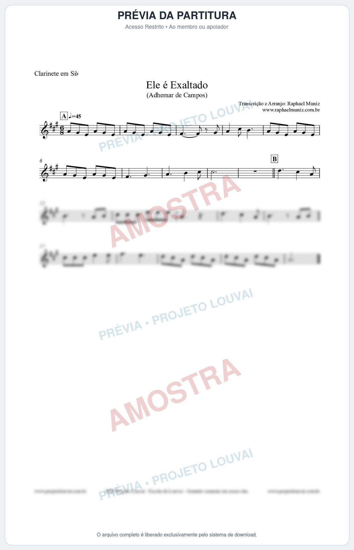 Prévia protegida da primeira página da partitura Partitura para Clarinete em Bb - Ele é Exaltado (Adhemar de Campos) - Clássicos do Gospel