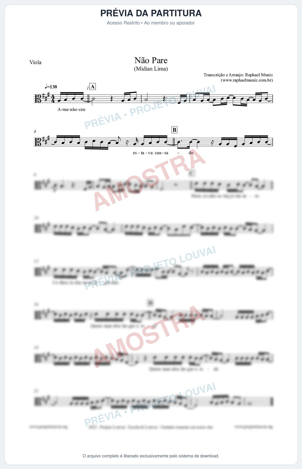 Prévia protegida da primeira página da partitura Partitura para Viola - Não Pare - Midian Lima