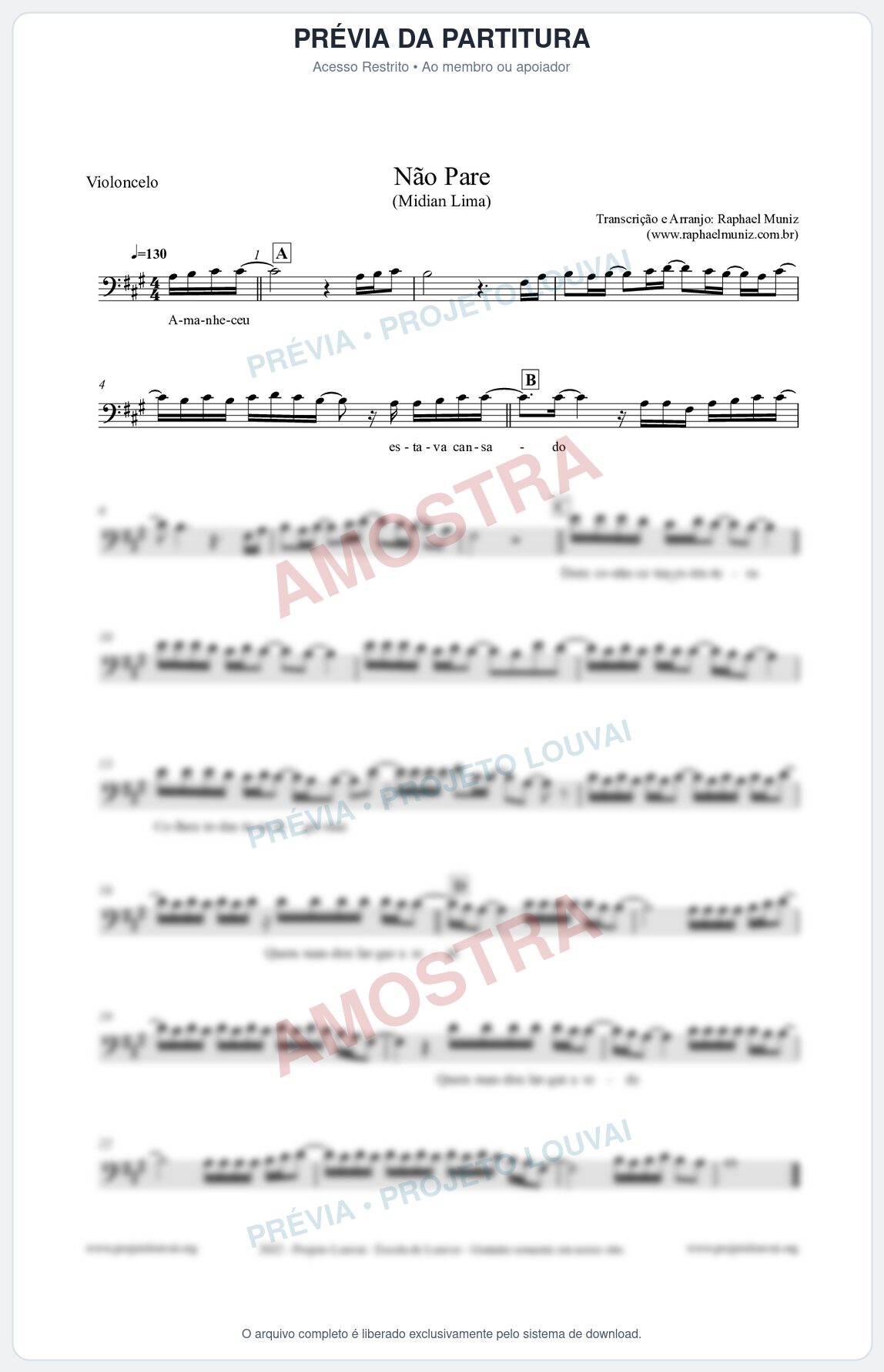 Prévia protegida da primeira página da partitura Partitura para Violoncelo - Não Pare - Midian Lima