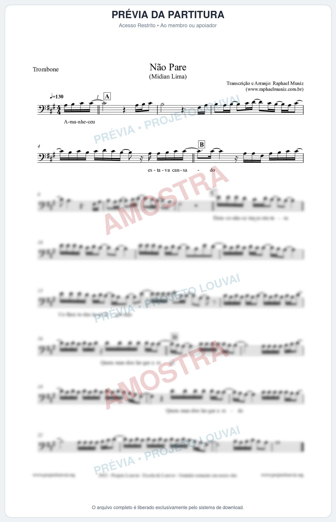 Prévia protegida da primeira página da partitura Partitura para Trombone - Não Pare - Midian Lima
