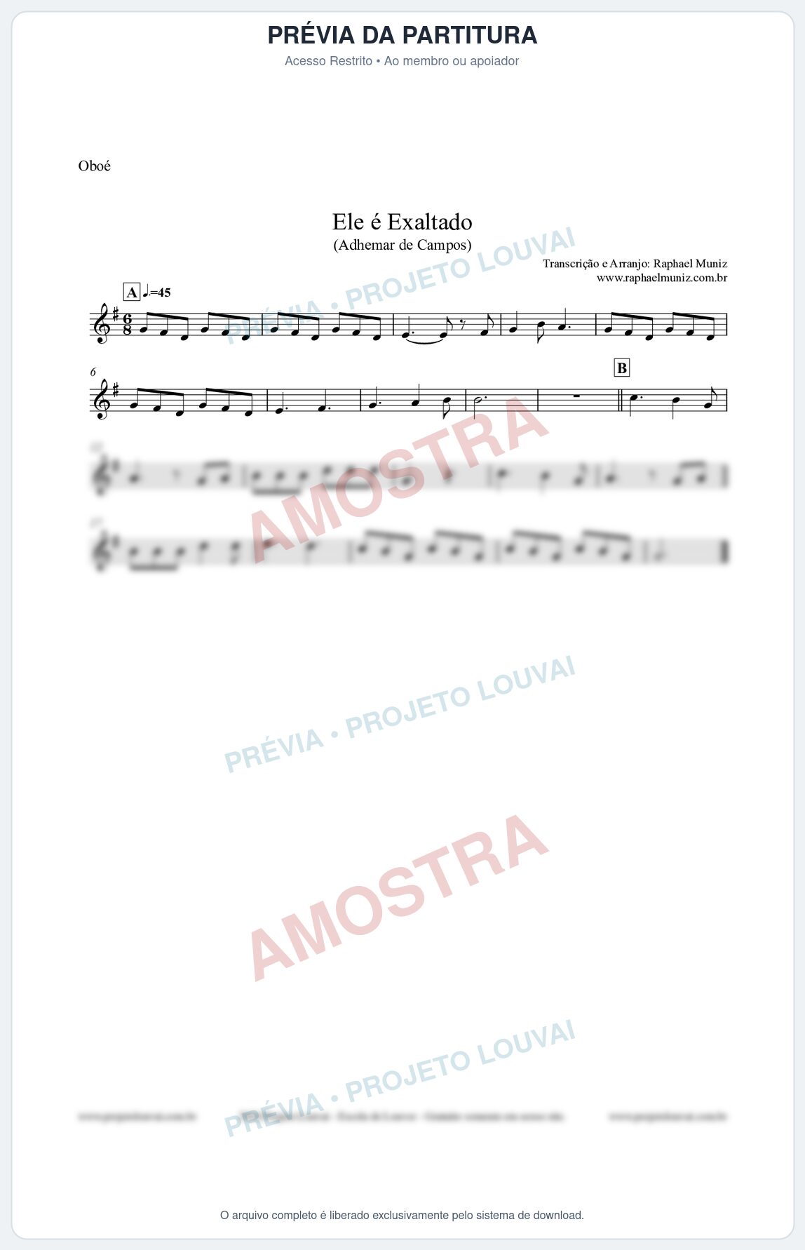 Prévia protegida da primeira página da partitura Partitura para Oboé - Ele é Exaltado (Adhemar de Campos) - Clássicos do Gospel