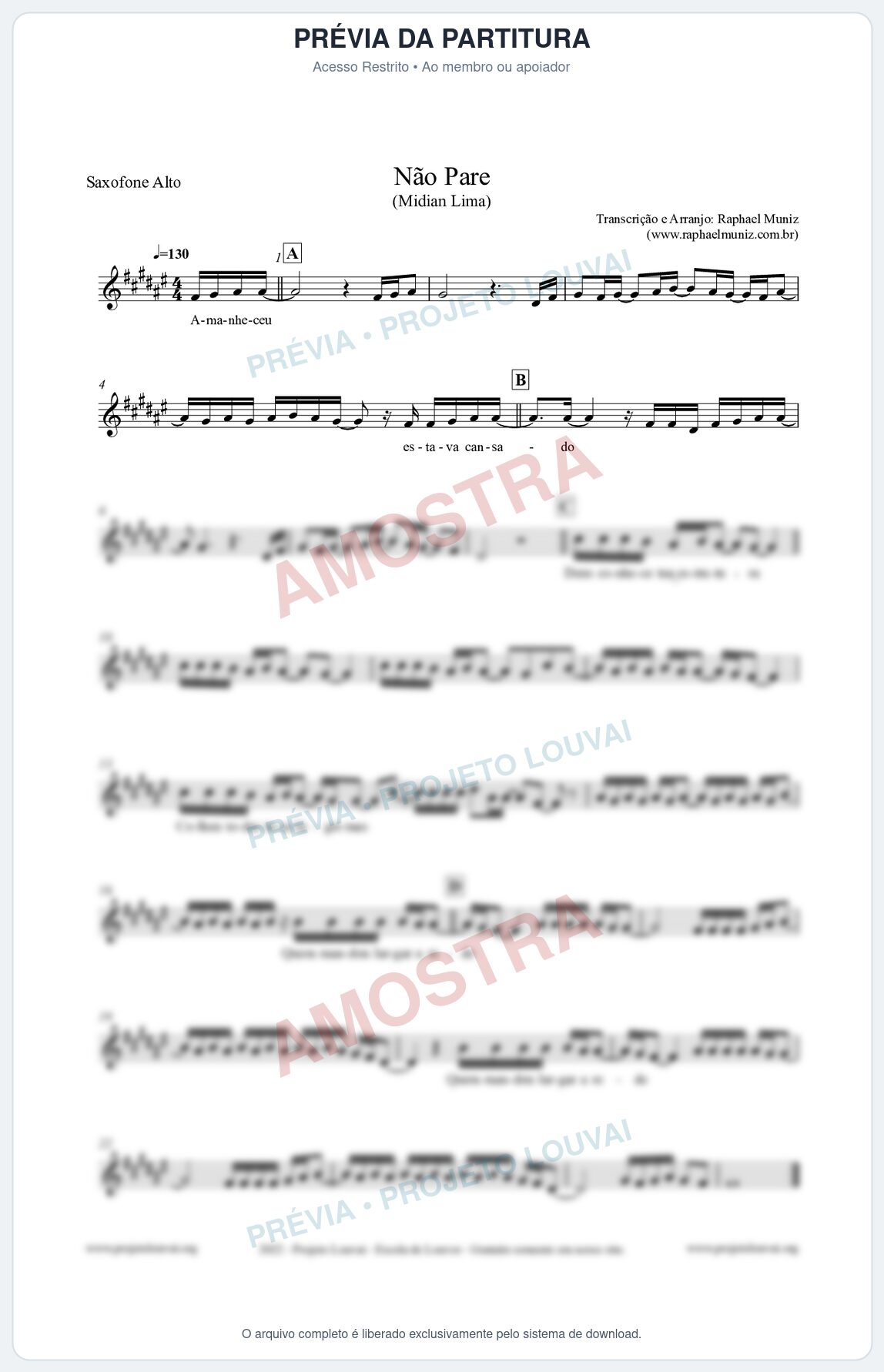 Prévia protegida da primeira página da partitura Partitura para Saxofone Alto - Não Pare - Midian Lima