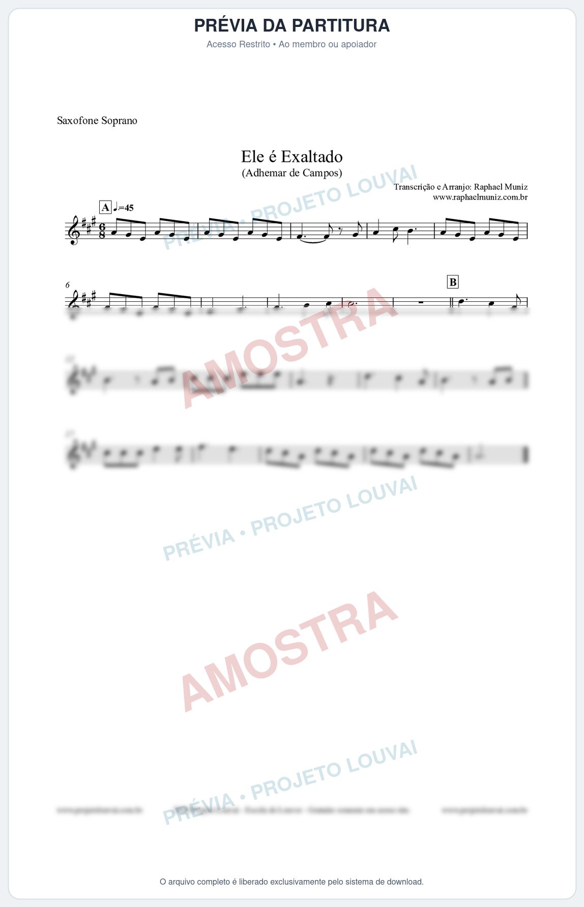Prévia protegida da primeira página da partitura Partitura para Saxofone Soprano - Ele é Exaltado (Adhemar de Campos) - Clássicos do Gospel