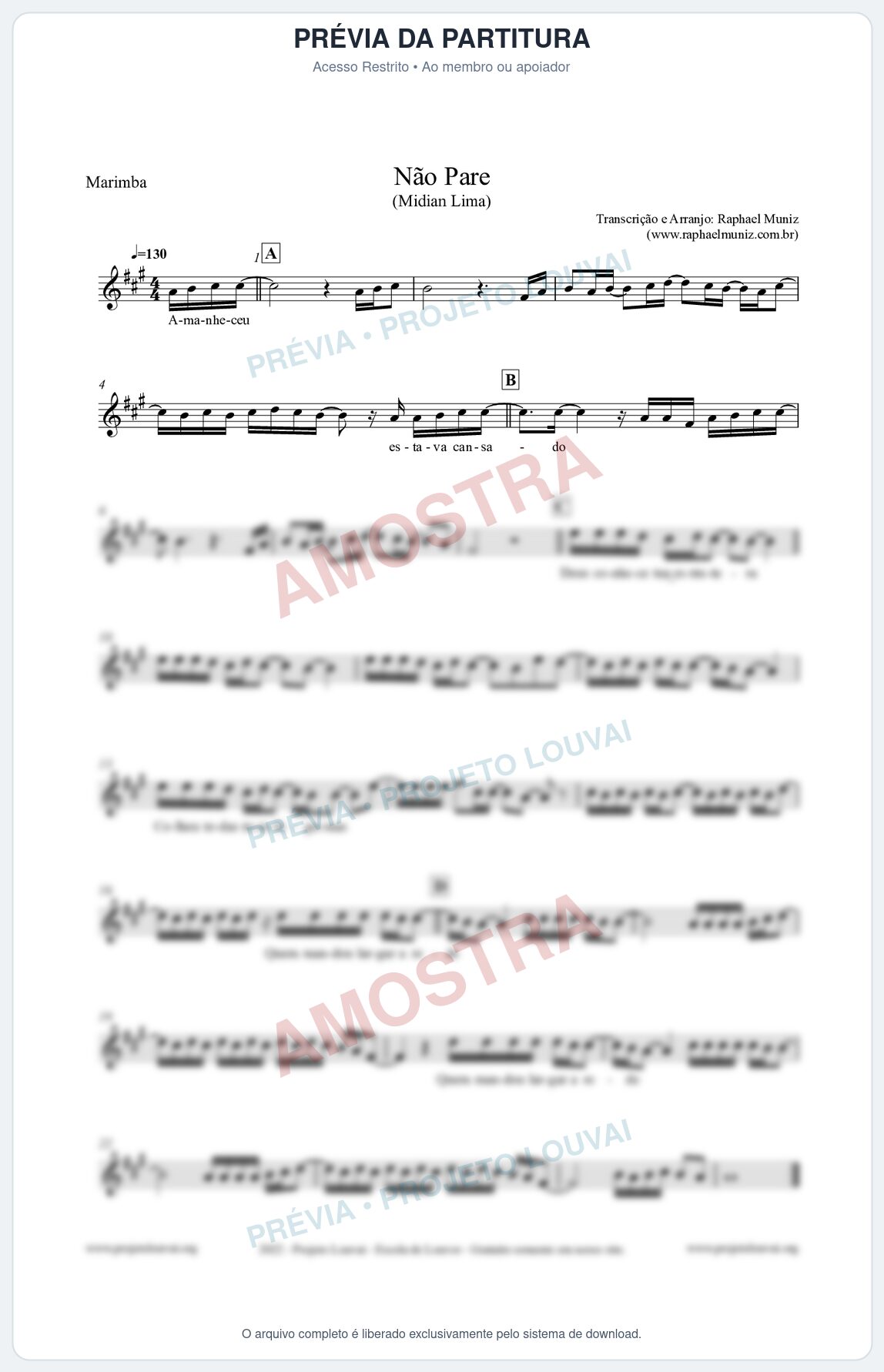 Prévia protegida da primeira página da partitura Partitura para Marimba - Não Pare - Midian Lima