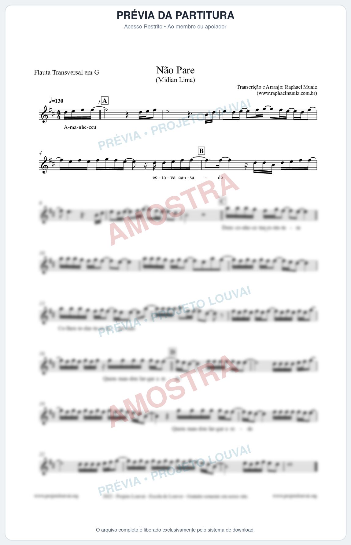 Prévia protegida da primeira página da partitura Partitura para Flauta Transversal em G - Não Pare - Midian Lima