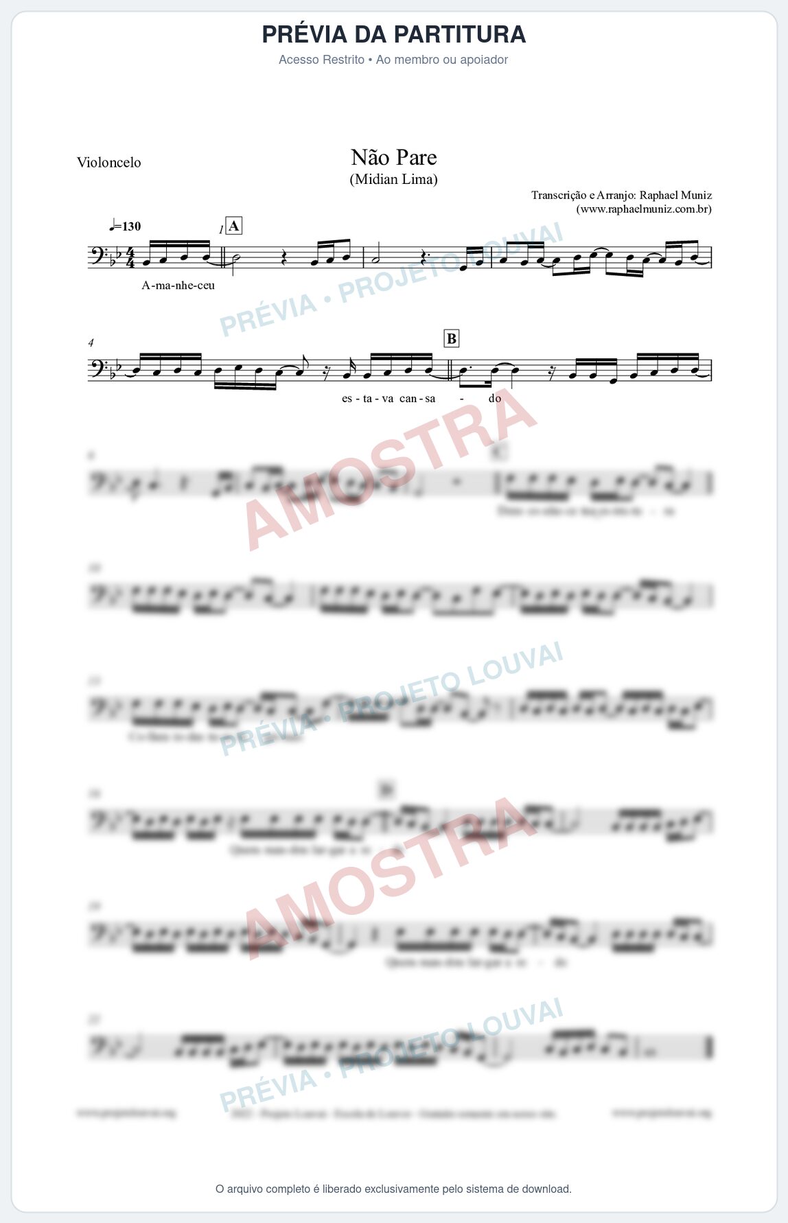 Prévia protegida da primeira página da partitura Partitura para Violoncelo - Não Pare - Midian Lima